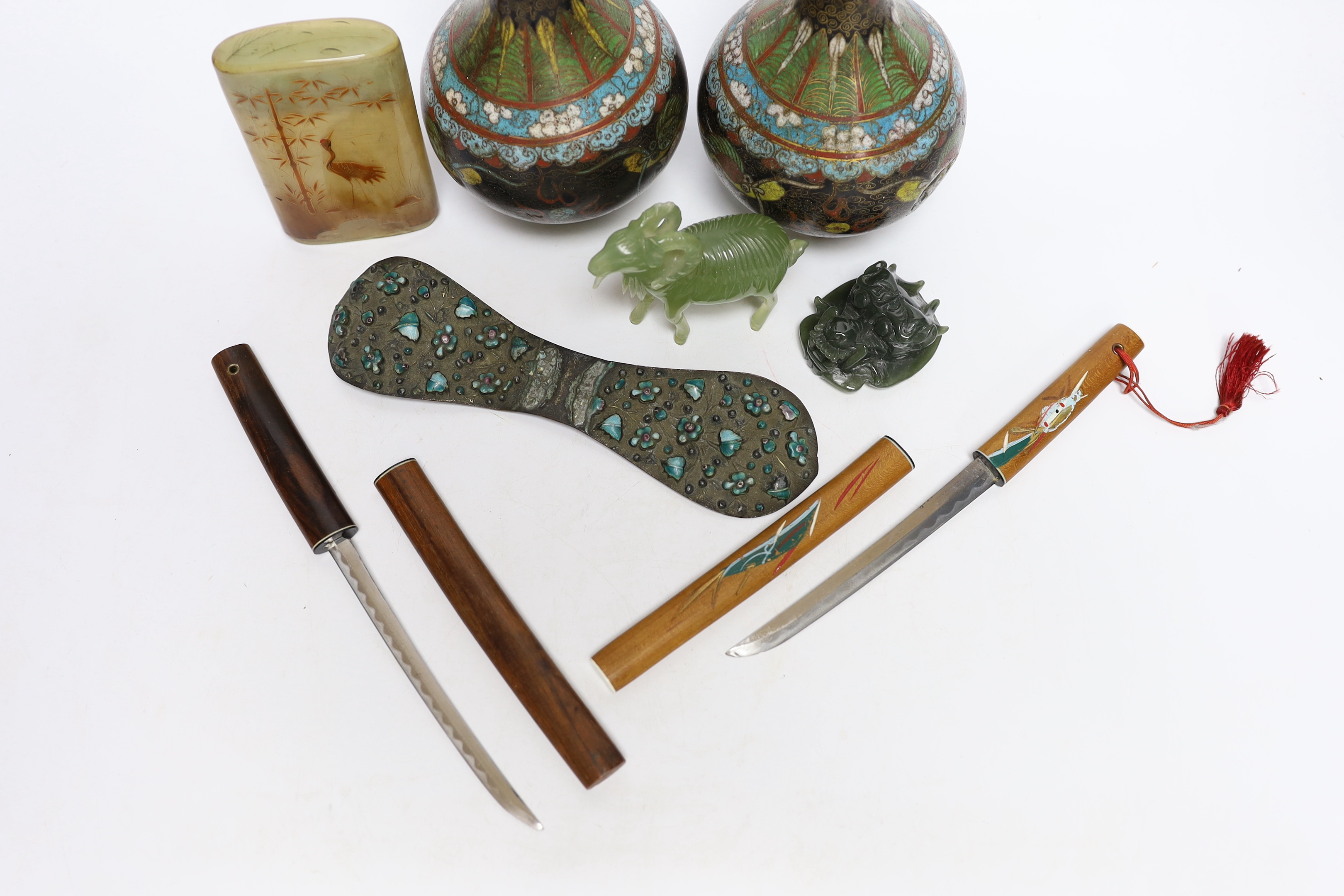A collection of Chinese and other Oriental items, including a pair of Chinese cloisonné enamel vases, 16.5cm